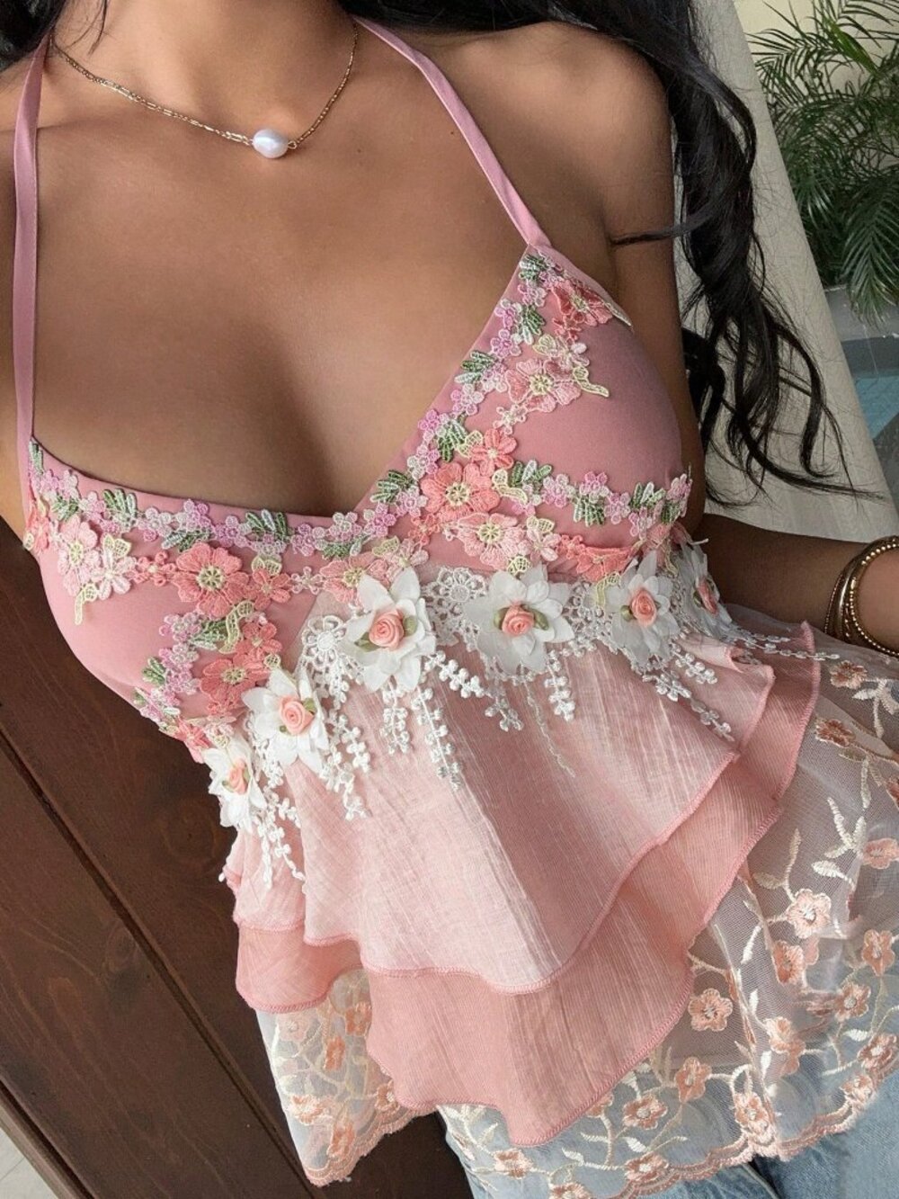 Pink Boho Women's Romantic Lace Patchwork Tassel Pendant Neck Blouse - Picture 6 of 7